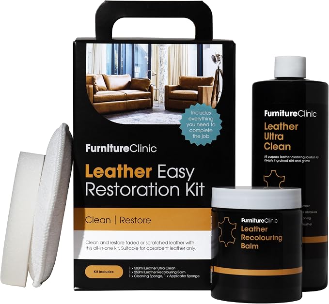 Furniture Clinic Leather Easy Restoration Kit | with Leather Recoloring Balm, Cleaner, Sponge, and Cloth | Leather Repair Kit for Scratched and Faded Furniture (Pine Green)