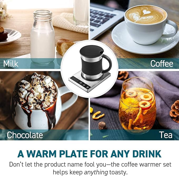 Cosori Coffee Mug Warmer & Mug Set, 1°F Precise Temperature Control | Digital Cup Heater, Touch Tech & LCD Digital Display (77-194℉), 304 Stainless Steel, for Desk, Office, Silver/Black