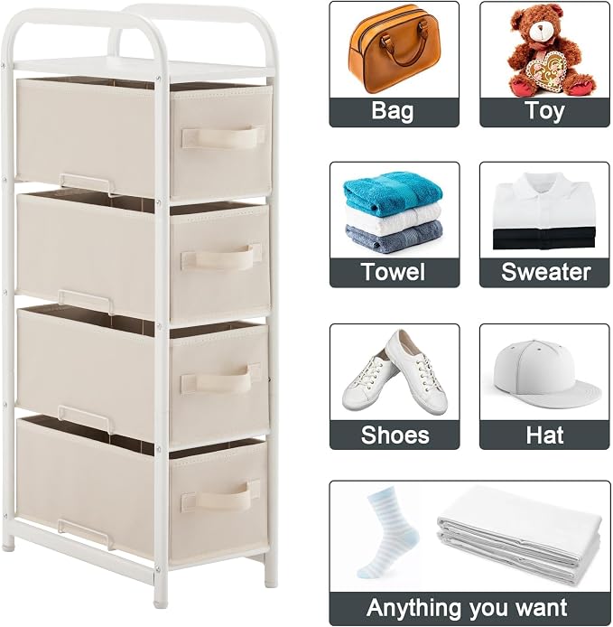MAX Houser 4 Drawer Narrow Dresser Fabric Storage Tower Vertical Slim Storage Chest Organizer Nightstand Side/End Table Small Standing Organizer Removable Drawers Wood Top for Bedroom, Bathroom(Beige)