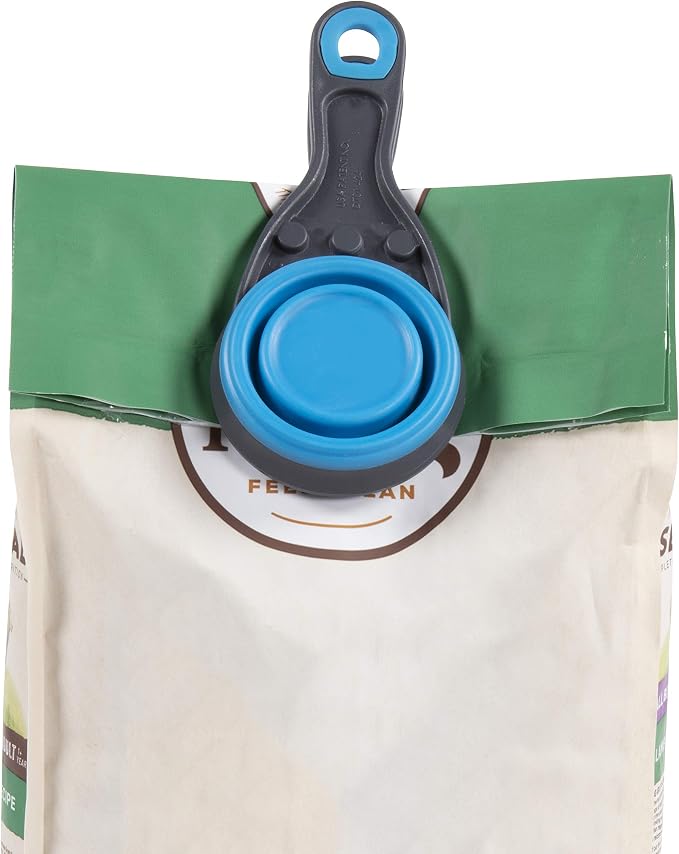 Dexas Popware for Pets Collapsible Klip Scoop, 3-in-1 Pet Food Scoop, Measuring Cup and Bag Clip, 1/2 Cup Capacity, Pro Blue