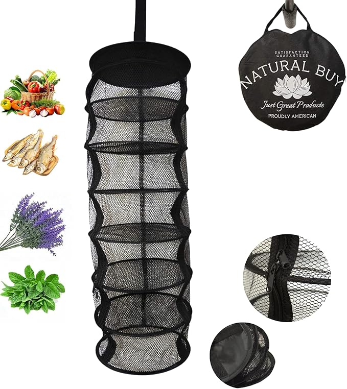 9 Inch 7 Level Micro Hanging Dry Net Indoor/Closet Drying Rack for Herbs, Organizer, Freshner - Black Mash Screen with Top-to-Bottom Zipper - Apartment Size with Zipped Storage Pouch