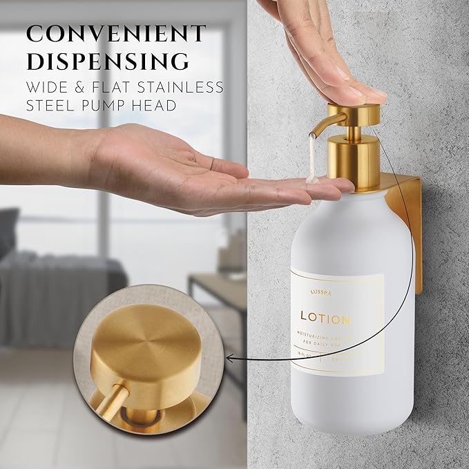 Shower Shampoo Dispenser Wall Mounted – Refillable 16.9 oz White Bottle with Stainless Steel Pump & No-Drill Adhesive Holder – Soap Dispenser for Bathroom (1 X White/Gold)