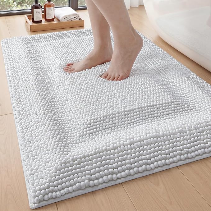 DEXI Bath Mats for Bathroom 36x24, Non Slip Washable Bathroom Rug, Thick Soft Chenille Absorbent Bathmat for Shower Floor, Fluffy Shaggy Carpet for Tub, White