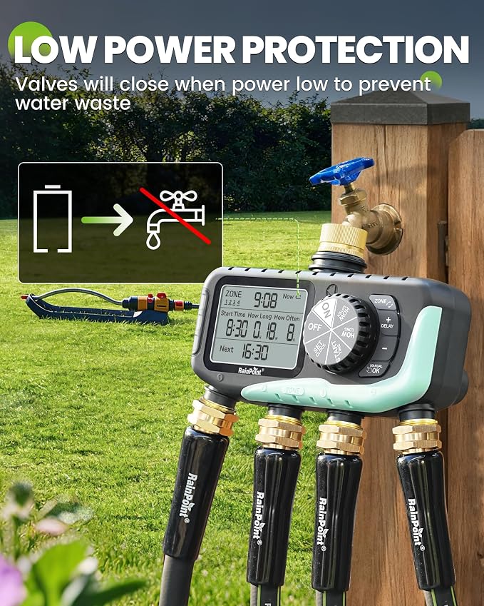 RAINPOINT Sprinkler Timer 4 Zone, Water Timer for Programmable, for Soaker Hose with Rain Delay/Manual/Automatic Watering System, Digital Irrigation for Yard, Lawn