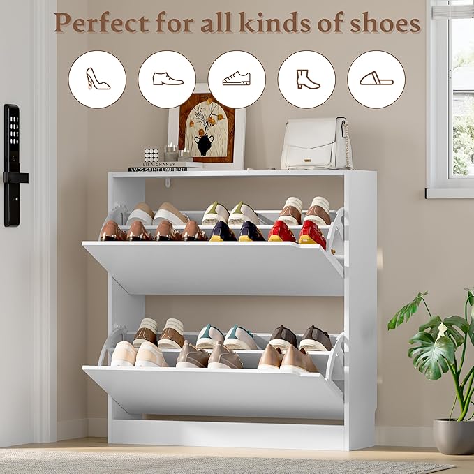 BORNOON Shoe Cabinet with 2 Flip Drawers, Slim Narrow Shoe Storage Cabinet, Freestanding Shoe Organizer with Adjustable & Removable Shelves, Top Display Shelf for Entryway, Hallway, Foyer, Closet