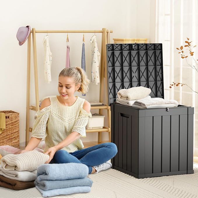 DRATO 51 Gallon Outdoor Storage Box Waterproof, Lockable Resin Deck Box for Patio Furniture, Pool Supplies & Garden Tools, Weatherproof Outside Storage Bin for Backyard Porch (Black, 51 Gallon)