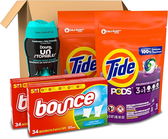 Tide Pods Liquid Laundry Detergent Pacs, Downy Unstopable Scent Beads and Bounce Dryer Sheets, Better Together Bundle