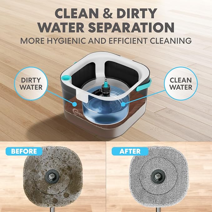 Simpli-Magic 360° Square Spin Mop and Bucket System – Dual Compartment, Separate Clean & Dirty Water – 3 High-Absorbent Microfiber Washable Heads – All Types Floor Cleaning