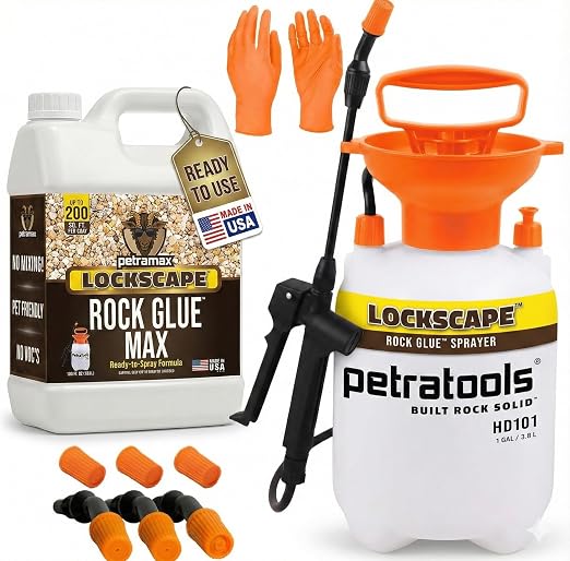 PetraMax Lockscape Rock Glue for Landscaping w/Sprayer, 1 Gal (Made in USA) - 100% Permeable Landscape Adhesive for Stones & Pebbles - Ready to Spray Pea Gravel Binder & Mulch Glue for Landscaping