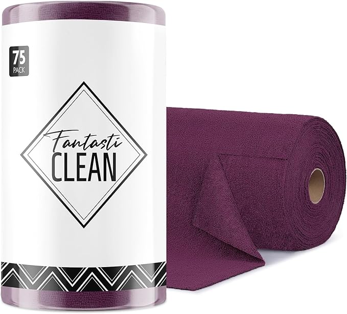 Fantasticlean Microfiber Cleaning Cloth Roll -75 Pack, Tear Away Microfiber Towels, 12" x 12", Reusable, Washable, Scratch Free, Ultra Absorbent for All-Around Cleaning Supplies (Dark Purple)