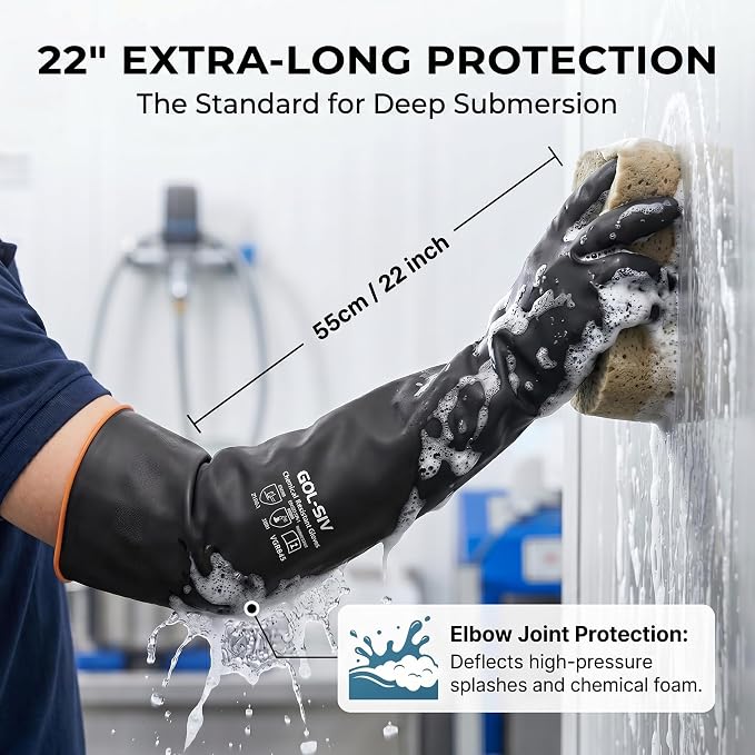 Heavy Duty Latex Gloves, Chemical Resistant Work Gloves - Waterproof, Resist Acid, Oil, Alkali - Extra Long Industrial Rubber Safety Glove for Sandblasting & Deep Tank, 22in, 6 Pairs