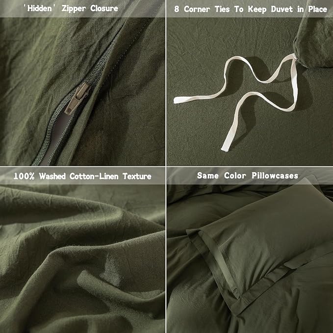 Olive Green Duvet Cover Alaskan King Size, 100% Washed Cotton Bedding Set Cover 1 Duvet Cover 132inch x 120inch with Zipper Closure and 2 Pillowcases, Olive Green