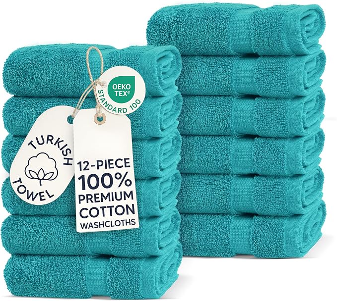Chakir Turkish Linens 12 Piece Washcloth Set, 100% Cotton Luxury Turkish Washcloths for Bathroom, Soft Absorbent Washcloths, 13 x 13 Inches, Aqua