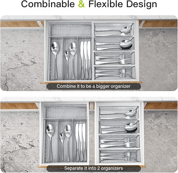 Neudeco Drawer Organizer Set, Silver, 5 Pack | 4-Compartment Silverware Tray, 4 Utensil Trays, Silver Mesh, Non-Slip, For Flatware, Cutlery, Office Supplies
