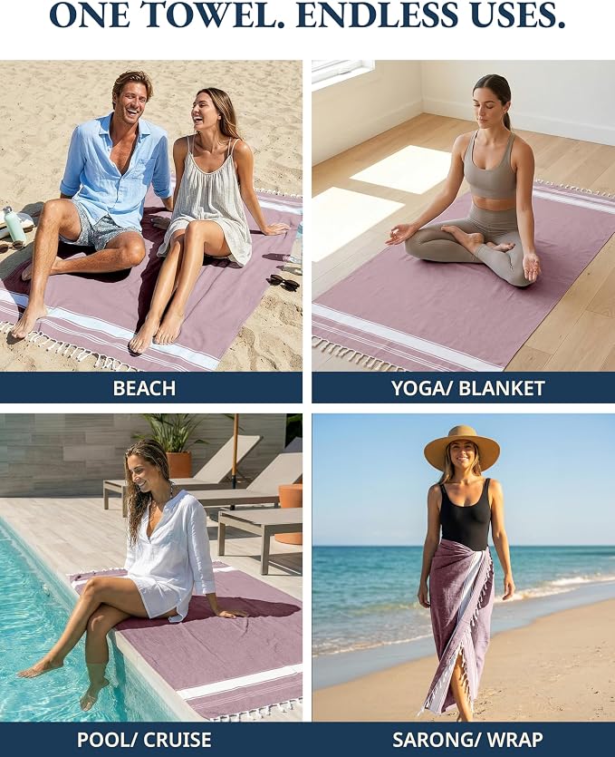 LANE LINEN Turkish Beach Towels, Super Absorbent, Quick Dry - Wistful Mauve | 2 Pack Extra Large Beach Towel - Pre-Washed for Soft Feel - Oversized Sand Free Quick-Dry Pool Towel - 39"x71", Everyday Use