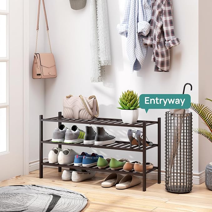 viewcare Long Shoe Rack, Bamboo Wood Shoe Rack for Closet, Entryway & Hallway, 3-Tier Stackable Shoe Shelf
