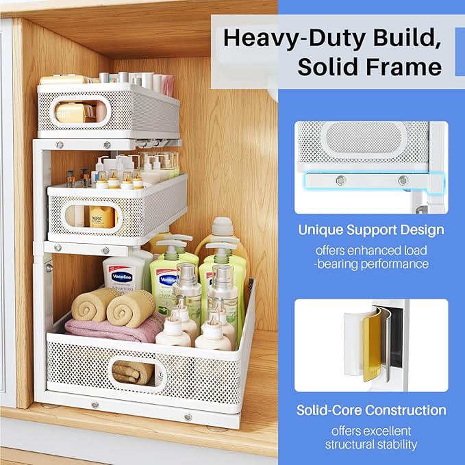 Under Sink Organizer, 1-Pack 3-Tier Thickened Metal Pull out Cabinet Organizer Shelf, Height Adjustable Slide out Storage Drawer Rack for Kitchen Bathroom Pantry Laundry Home Organization, White