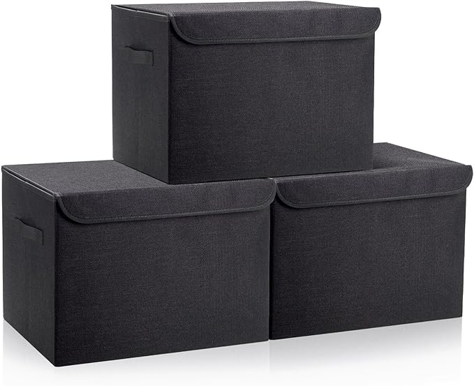 Bagnizer Large 17" 42 Quarts Collapsible Stackable Storage Bins with Lids [3-Pack] Foldable Fabric Linen Storage Boxes Cube, Closet Organizer Baskets with Label (16.7 x 12 x 12, Black)