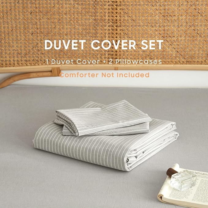 Wake In Cloud - Striped Cotton Duvet Cover Set, 100% Washed Cotton Textured Bedding Set, Ticking Stripe Pinstripe Farmhouse, 3 Pieces, Light Grey, Queen Size