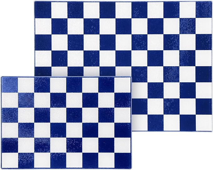 Thenshop Set of 2 Tempered Glass Cutting Boards Blue Check Countertop Cutting Boards Heat Resistant with Non-slip Feet for Kitchen Counter Housewarming Wedding Gift 7.9x11inch+11x15 Inch
