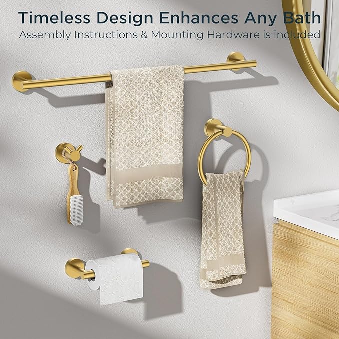 FORIOUS Bathroom Hardware Accessories Set, SUS304 Stainless Steel Towel Bar Set, Modern Towel Racks Holder for Bathroom, Toilet Paper Holder Wall Mounted 4 Pieces(18" Bar, Brushed Gold)