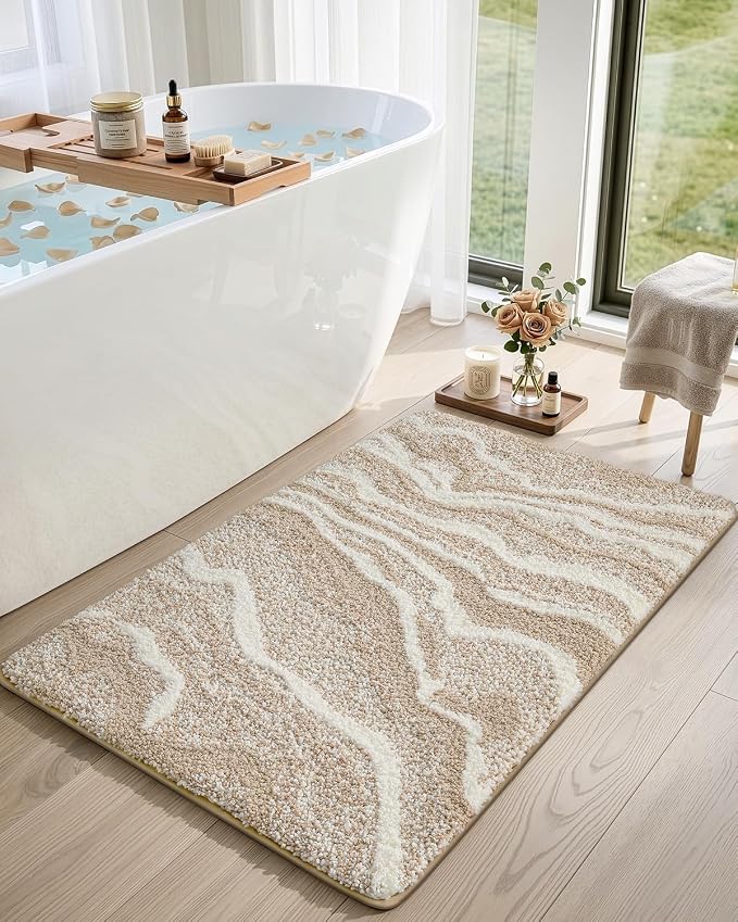 DEXI Bathroom Rug Mat 32x20, Soft and Absorbent Marble Bath Mat, Non Slip Machine Washable Bath Rugs for Shower Floor, Tub, Sink, Beige