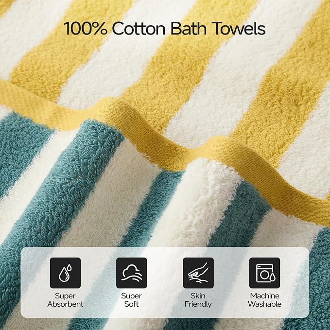REDKISS 2 Pack Extra Large Striped Bath Towels, 31 x 63 Inches, 100% Cotton, Larger & Quicker to Dry, Super Soft and Highly Absorbent Towel, Perfect for Bathroom, Green
