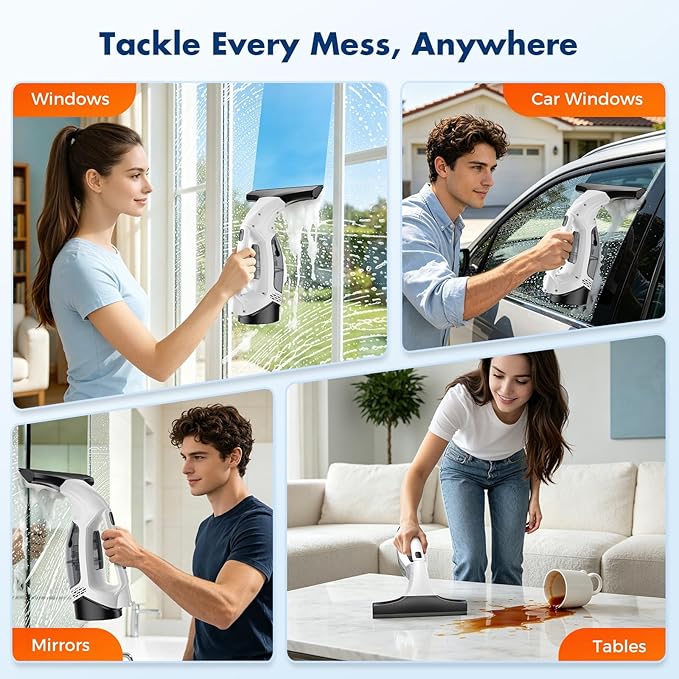 Cordless Window Vacuum Squeegee with Extension Pole, Electric Window Cleaner with Water Collection Tank, Portable Cleaning Kit for Glass Doors, Windows, Mirrors and Car（White）