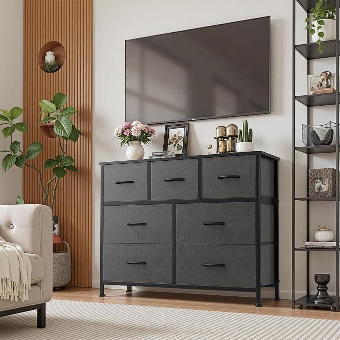 Sweetcrispy 7 Drawer Dresser with Fabric Bins Fabric Storage Tower Organizer for Bedroom Closet Hallway Entryway Tall Chest of Drawers with Steel Frame Wood Top Easy Pull Handles,Dark Gray