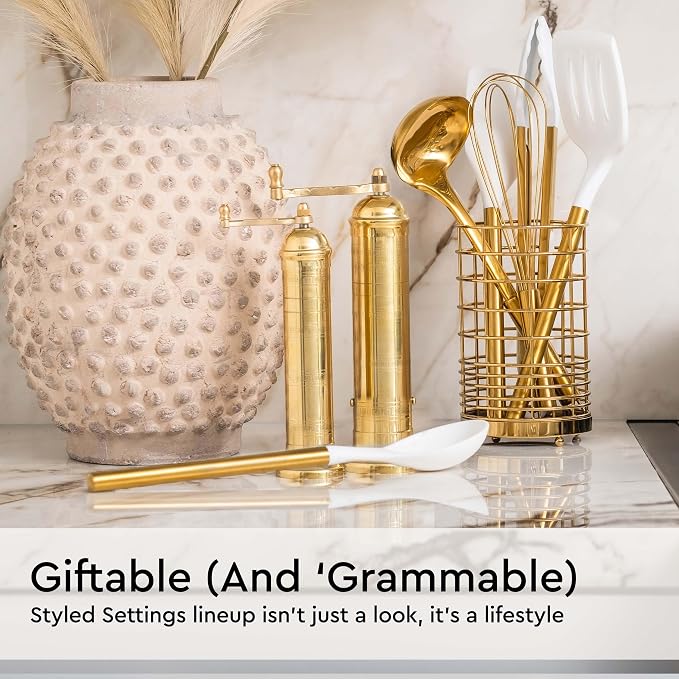 Gold Kitchen Utensils Set – 7-Piece White Silicone Cooking Tools with Gold Utensil Holder – Luxury Kitchen Accessories for Stylish Cooking and Serving, Ideal for Gifting