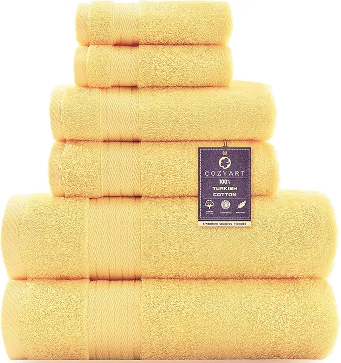 COZYART Luxury Bath Towel Set 6 Pcs, Yellow 100% Turkish Cotton 650 GSM | OEKO-Tex 100 Certified Zero Twist Ring Spun, Soft Absorbent Quick Dry, Plush Fluffy, Breathable Hotel Quality for Daily Use