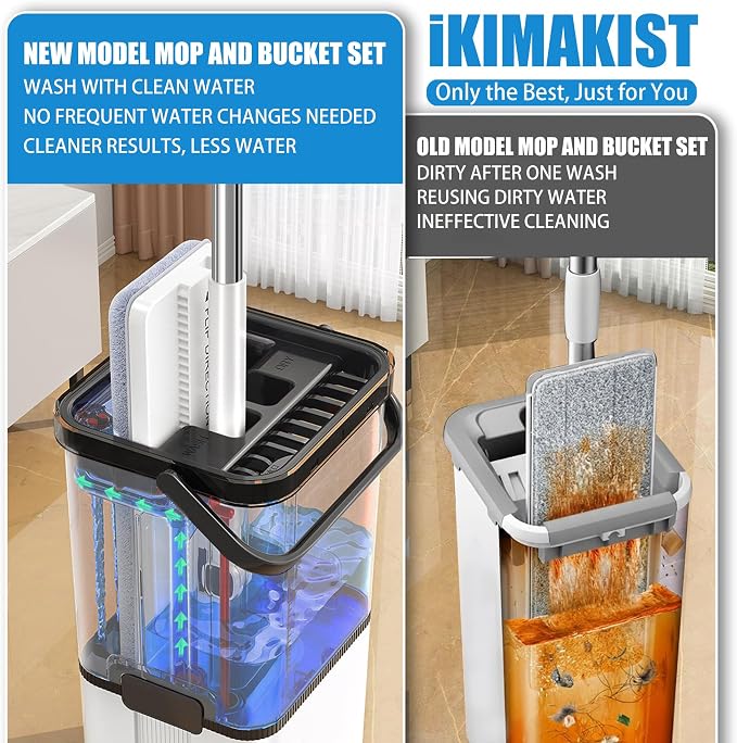 Mop and Bucket Set, Clean Water Separation Floor Dust Flat Mop | Includes 4 microfiber pads for cleaning hardwood, tile, marble and laminate floors. Features a visual clean water tank