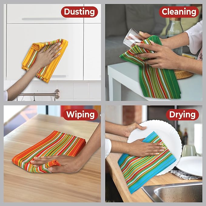 Urban Villa Kitchen Towels 100% Cotton Dish Towels for Kitchen(Set of 12)20”x30” Dish Cloths Highly Absorbent Kitchen Linen Set with Hanging Loop Perfect for Drying Dishes Cleaning Towels -Multi Color