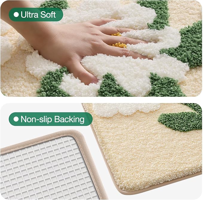 LUMI Bathroom Rugs Cute Daisy, Soft Absorbent Square Bath Mat Non-Slip, Machine Washable Quick Dry Beige Luxury Rug Flower for Kids Room, Bathtub, Home Decor, 32"x32"