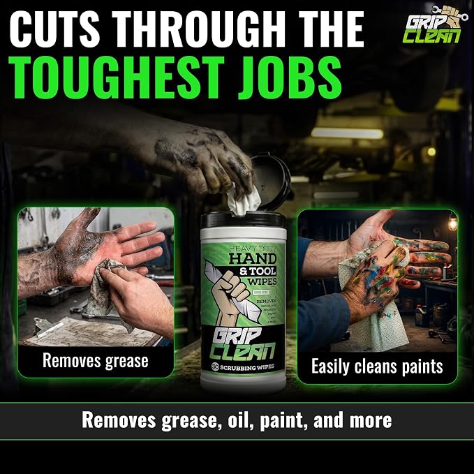 Grip Clean Heavy Duty Hand & Tool Cleaning Wipes – Waterless Hand Cleaner for Mechanics, Garage & Shop Use – Dual-Sided Grease, Oil & Paint Remover Wipes with Citrus Scent - 30ct
