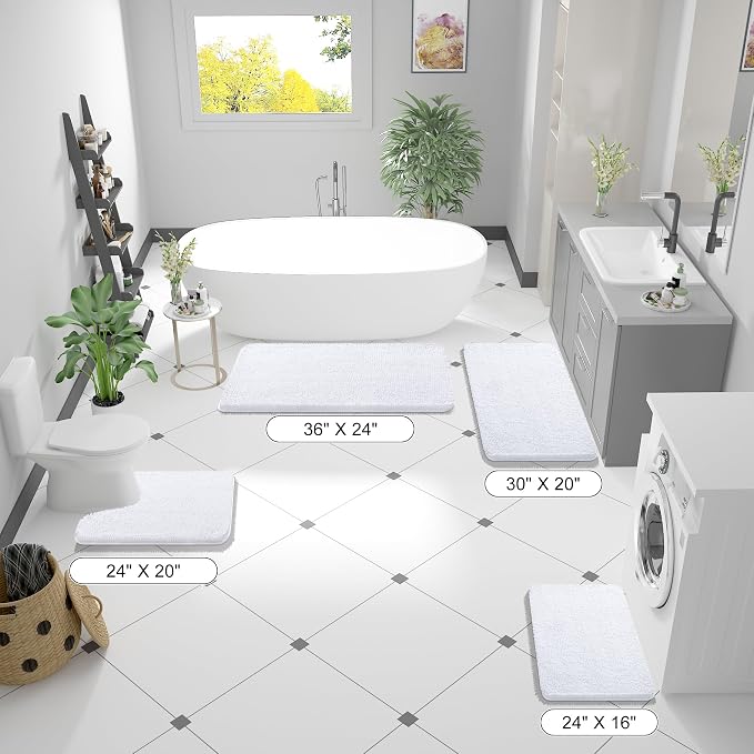 OLANLY Large Bathroom Rugs 59x35, Extra Soft Absorbent Chenille Bath Rugs, Rubber Backing Quick Dry, Machine Washable Bath Mats for Bathroom Floor, Tub and Shower, Home Decor Accessories, White
