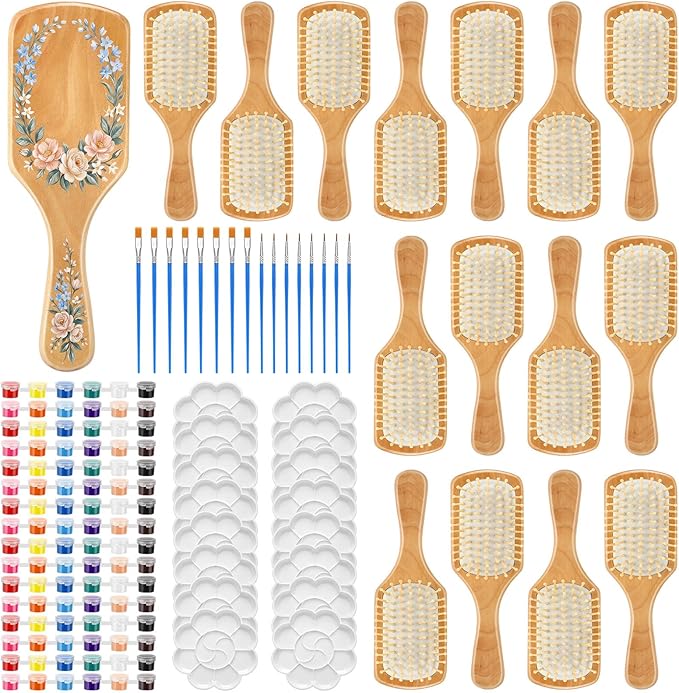 Meanplan 16 Set DIY Wooden Hairbrush Painting Kits Make Your Own Hair Brush Hand-Painted Hairbrush Night Party Supplies with Paint Brush and Palette for DIY Gift Party Crafts (Square)