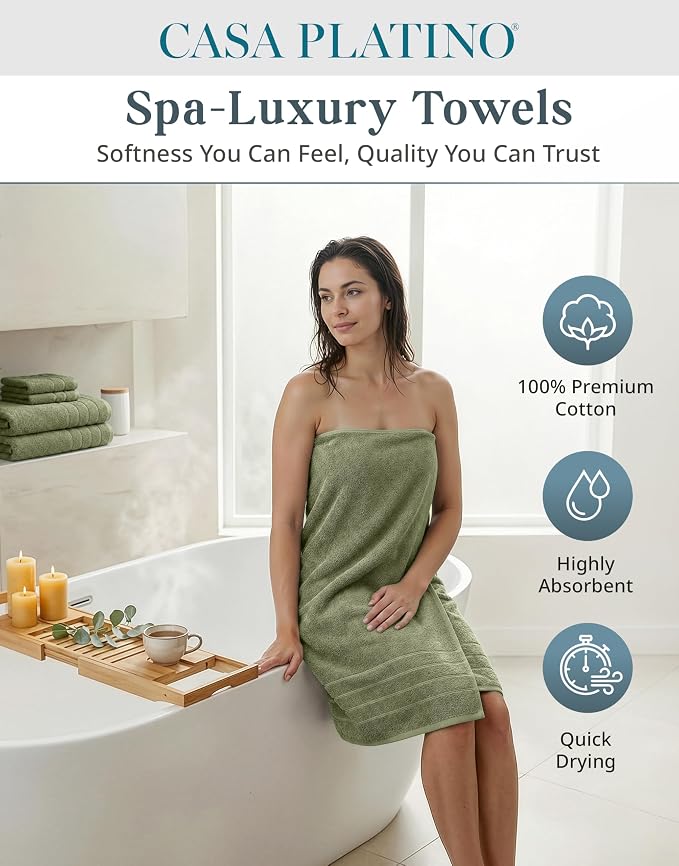 Casa Platino Towel Set for Bathroom 12 Piece Soft Absorbent - Oil Green | Shower Towels - Oversized & Roomy, Lightweight & Breathable, Fade-Resistant Color, Classic Terry Weave, Densely Woven