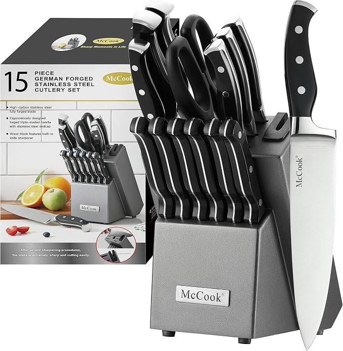 McCook® Knife Sets,German Stainless Steel Kitchen Knife Block Set with Built-in Sharpener | German Forged Stainless Steel,15 PC,Non-Stick&Anti-Rust,Triple Rivet,Ergonomic Handle,Full Tang,Gift Box