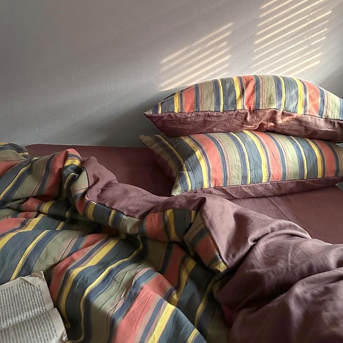 mixinni Vintage Striped Duvet Cover Set Twin XL Size - 3 Piece 100% Washed Cotton Bedding Set, Soft & Breathable,Colorful Striped Pattern Printed Comforter Cover for All Seasons