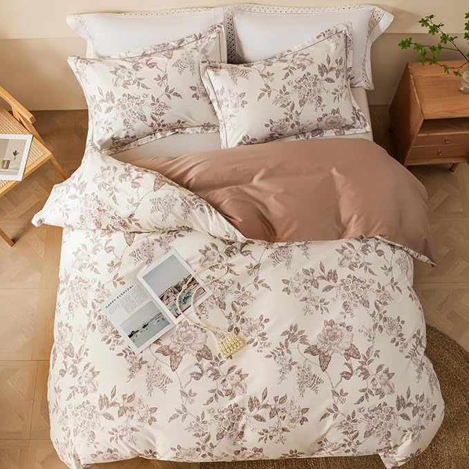 Duvet Cover Set King Size Floral Pattern 600 Thread Count Ultra Soft 100% Long Staple Cotton Duvet Cover Sets 3-PC, Breathable Duvet Cover with Zipper Closure & Corner Ties