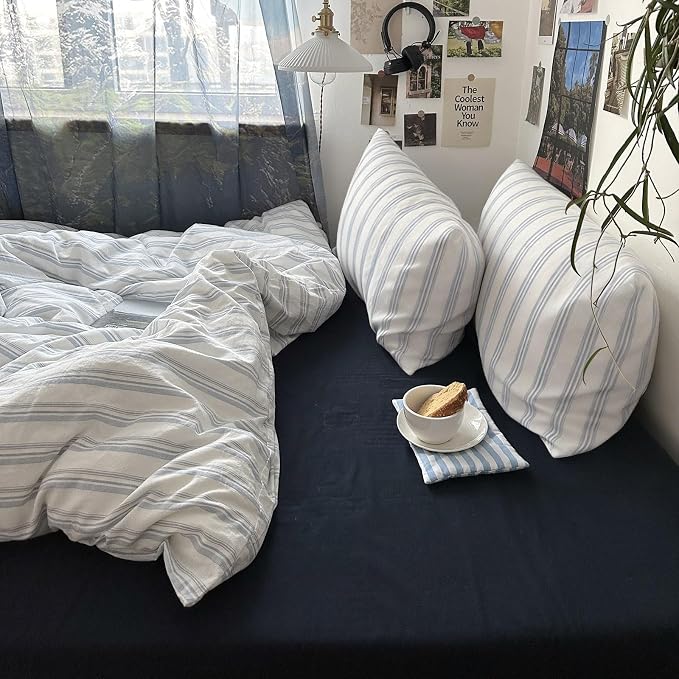 mixinni Vintage Blue & White Striped Duvet Cover Set - 3 Piece 100% Washed Cotton King Size Bedding | Minimalist Relaxed Style | Ultra Soft Breathable, with Zipper Closure & Corner Ties-King Size
