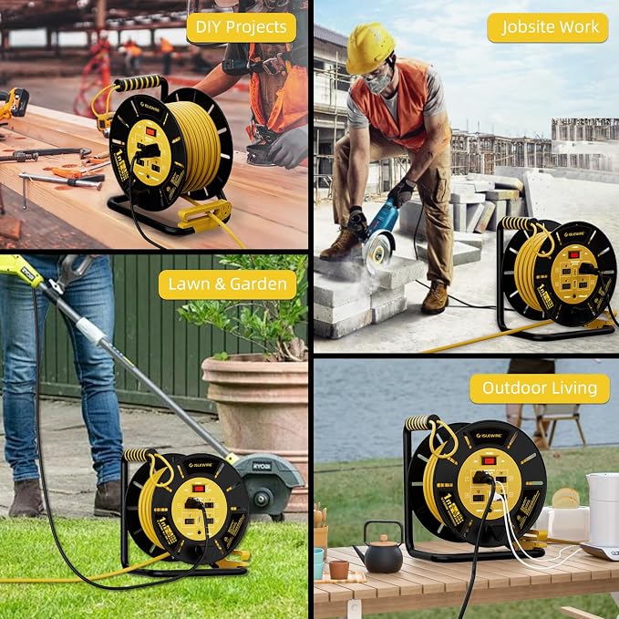 Extension Cord Storage Reel with 4-Grounded Outlets & 2 USB Ports, Heavy Duty Open Cord Reel for 12/3,14/3,16/3 Gauge Power Cord, Hand Wind Retractable, 15A Circuit Breaker, ETL Listed, Yellow