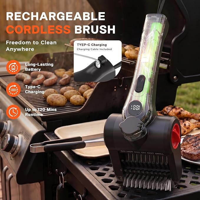 Electric Grill Brush, 100W High Power Cordless BBQ Cleaner with 300ml Water Spray Tank, IPX8 Waterproof Automatic Scrubber for Gas Charcoal Grills, 2-Speed Rechargeable Power Brush with Scraper
