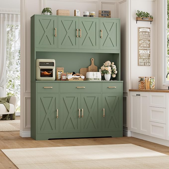 HOSTACK 71" Tall Kitchen Pantry Storage Cabinet, 55" W Kitchen Hutch, Green | Large Pantry Cabinet with Charging Station / Countertop / 3 Drawers, Farmhouse Hutch Cabinet with Storage for Dining Room