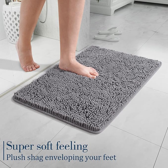 LOCHAS Luxury Bathroom Rug Shaggy Bath Mat 24 x 17 Inch, Gray | Washable Non Slip Bath Rugs for Bathroom Shower, Soft Plush Chenille Absorbent Carpets