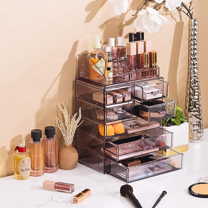Sorbus Acrylic Makeup Organizer Set, 7-Drawer Vanity & Countertop Cosmetic Storage with Small & Wide Compartments, Purple Makeup Storage for Brushes, Jewelry – Holiday Gift for Women & Teens