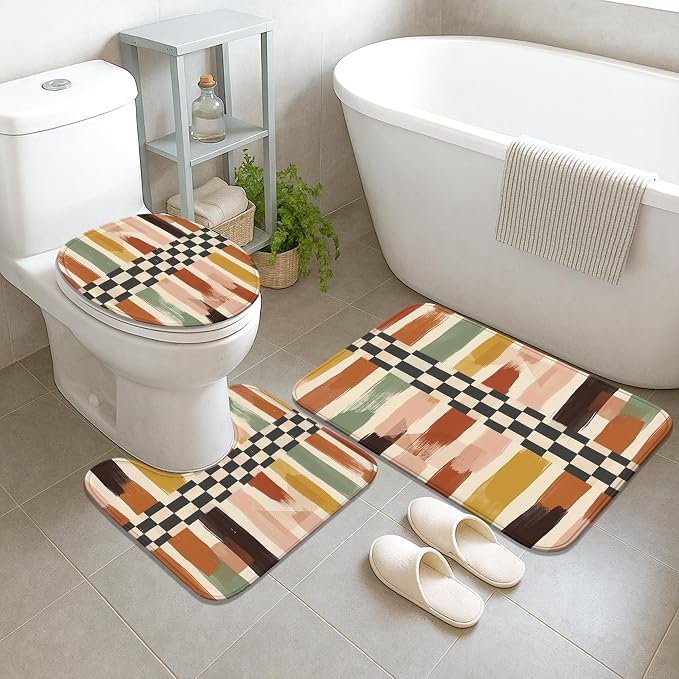Brush Patterns Shower Curtain Sets, Modern Abstract Checkered Stripes Fall Earth Tones Polyester Waterproof Bathroom Shower Curtain and Bath Mat Set for Bath Bathtub Apartment Decor 72x72 Inch