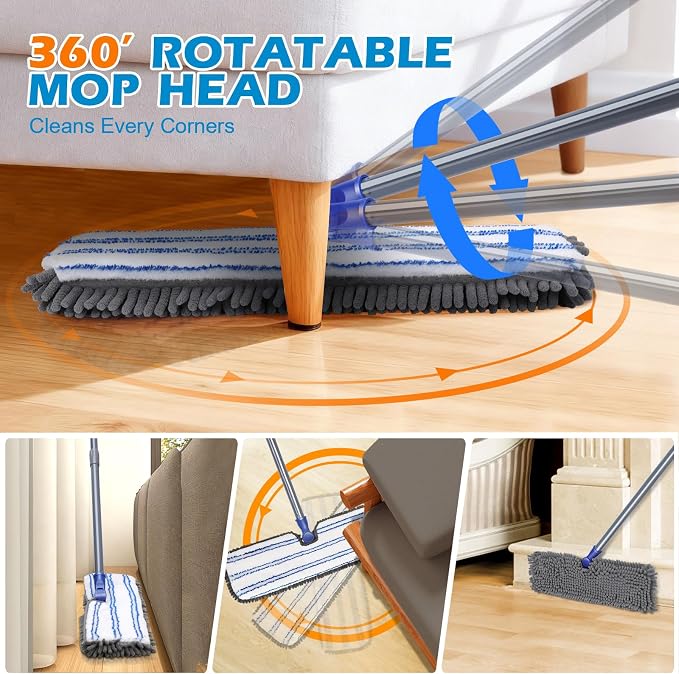 Masthome Dual Sided Flip Mop, Wet Dry Microfiber Dust Mop with 4 Pads & Scraper, 360° Swivel for Hardwood, Laminate, Tile, Pet Hair Cleaning