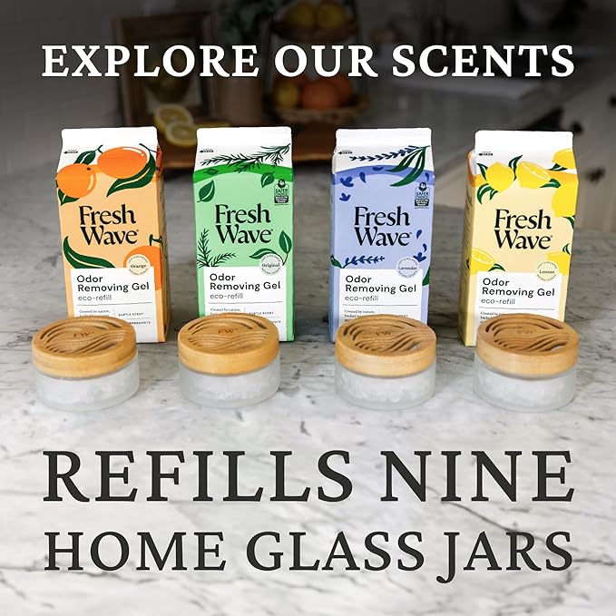 Fresh Wave Odor Removing Gel Eco-Refill, 63 oz. Lavender Scent | 4 Empty Refillable Glass Jars | 4 Room Set